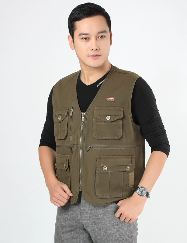 Mùa xuân và mùa thu nam trung niên cotton V-cổ cỡ lớn nhiều túi vest giản dị câu cá nhiều túi chụp ảnh vest áo ấm nam mùa đông