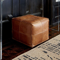 Brown retro leather art footstool American light luxury square living room change shoes pedal apartment Villa short pier spot