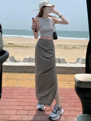 Абрикосовая брендовая длинная юбка для отдыха, высокая талия, европейский стиль, по фигуре, с акцентом на бедрах, средней длины