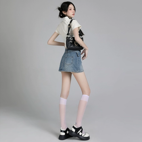 Ретро юбка в складку, летняя джинсовая юбка, ремень, штаны, в американском стиле, высокая талия, по фигуре, А-силуэт