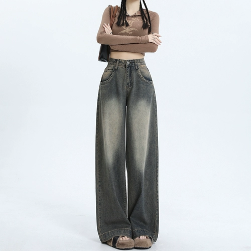 Ретро джинсы для отдыха, штаны, в американском стиле, высокая талия, свободный прямой крой