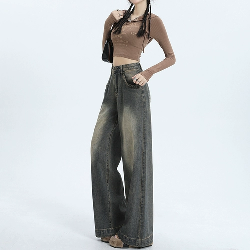 Ретро джинсы для отдыха, штаны, в американском стиле, высокая талия, свободный прямой крой