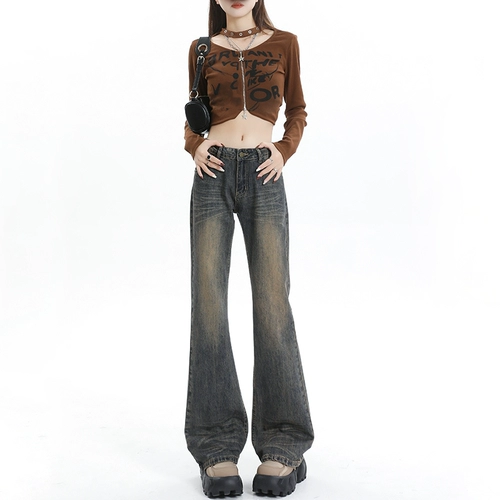 Ретро джинсы, дизайнерские штаны, длинные штаны-клёш, в американском стиле, тренд сезона, по фигуре, оверсайз