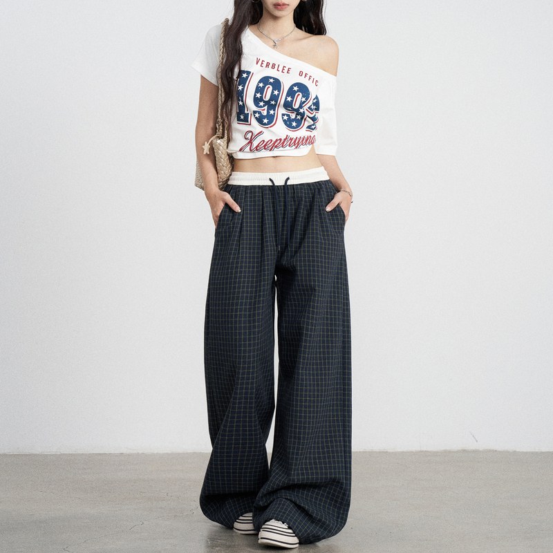 Blue Navy Plaid Pants for Women 2026 Spring and Summer Thin American-Style Wide-Leg Loose Slimming Retro Straight Casual Pants Blue Navy Plaid Pants for Women 2026 Spring and Summer Thin American-Style Wide-Leg Loose Slimming Retro Straight Casual Pants