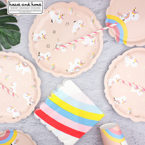 Cute unicorn padded paper plate childrens birthday party cutlery set disposable picnic cake decoration tableware