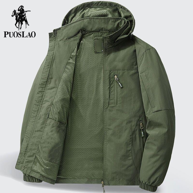 Paul Spring and Autumn Windbreaker Jacket for Men with Detachable Hood, Outdoor Multi-Pocket Windproof Breathable Sports Casual Jacket