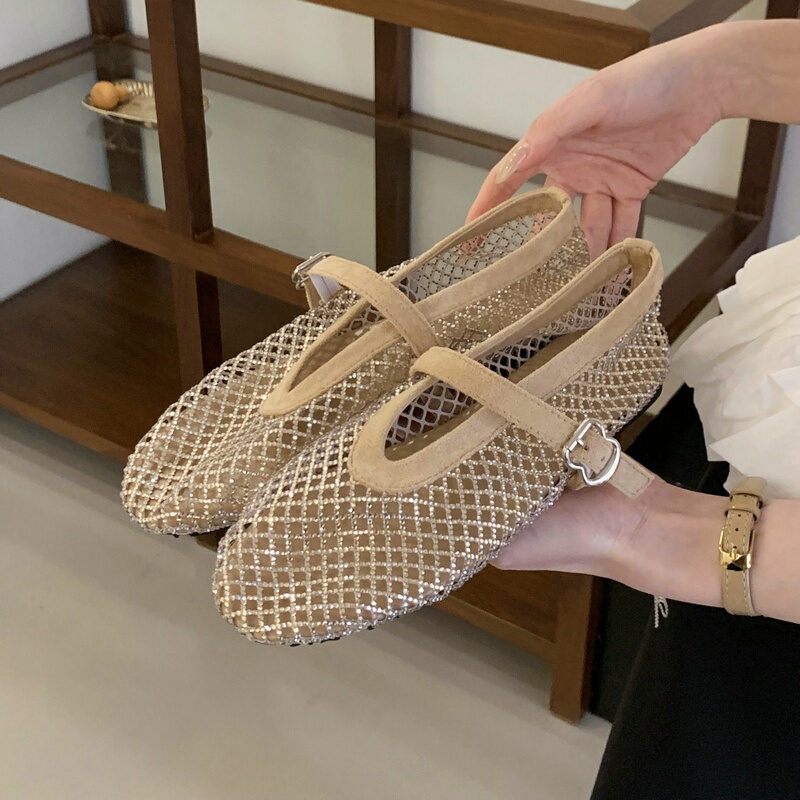Not Tiring for Feet 2026 Spring and Summer New Style Rhinestone Hollow Mary Jane Shoes Flat Shoes Ballet Sandals Women's Clogs