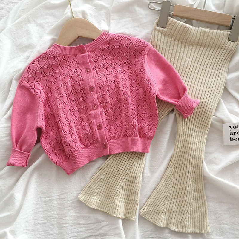 Korean Boy Dress Spring Clothing Baby Hollowed-out Knitted Blouse Foreign Girl Thin-style cardiovert jacket baby out of clothes