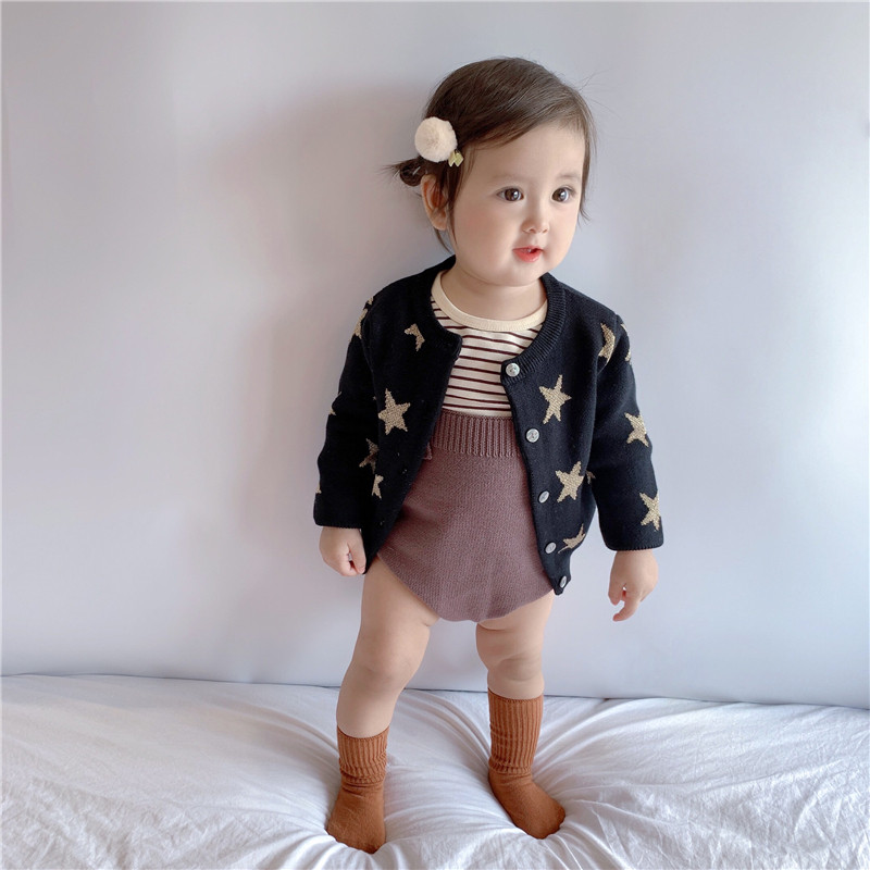Girl's sweater coat spring and autumn clothing Han baby knitting sweater baby long sleeve stars and woven tops