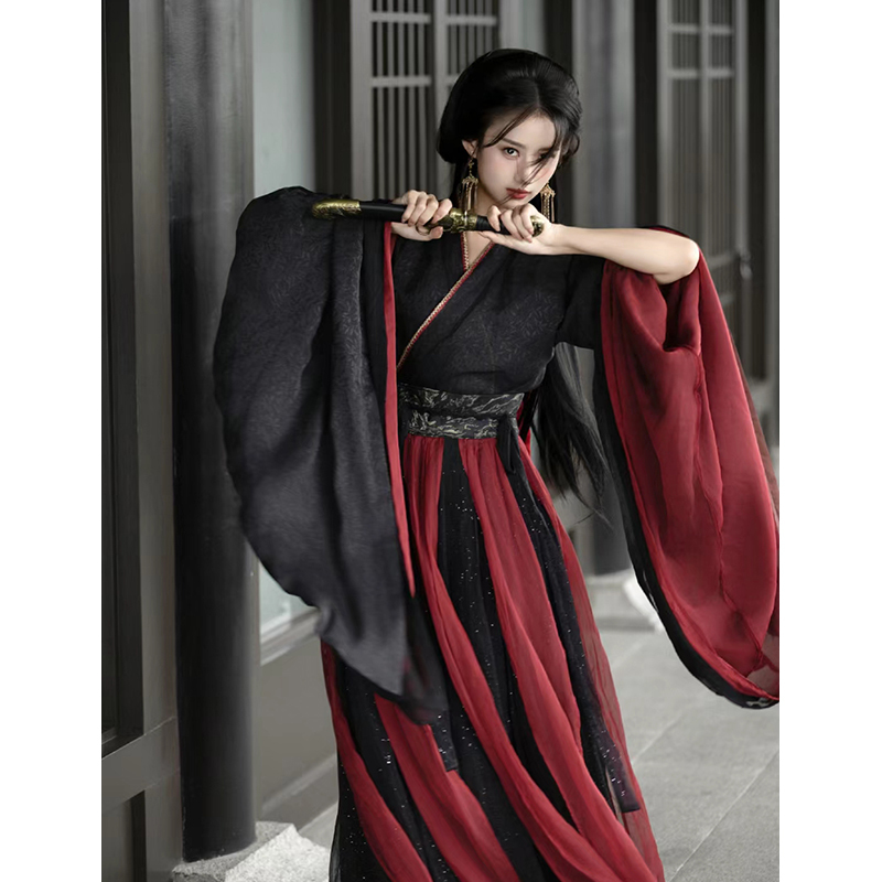 Wei and Jin Dynasty Style Hanfu for Women 2026 New Black and Red Swordsman Ancient Costume Adult Yunwei Shirt Same Style Ancient Style Warring States Robe Set