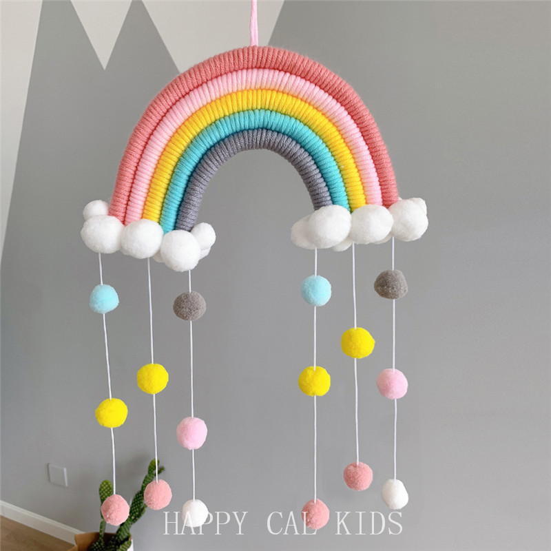 ins Nordic style three-dimensional cute hand-woven cloud rainbow hair ball wall decoration children's room decorative pendant charm