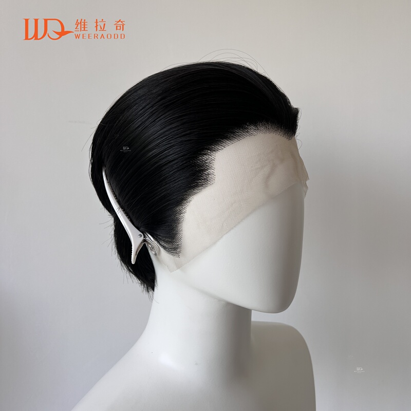 Veraqi Black Lace Front Short Hair Wig for Men, Three-Pointed Back Hairstyle, Hand-Crocheted Sideburns, Versatile for Cosplay and Daily Use