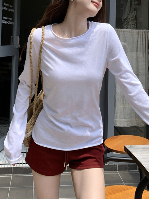 Elegant Rolled-Edge Round-Neck Simple Long-Sleeve Sun-Protective T-Shirt for Women, Early Spring New Korean-Style Blue Slim-Fit Versatile Base Shirt