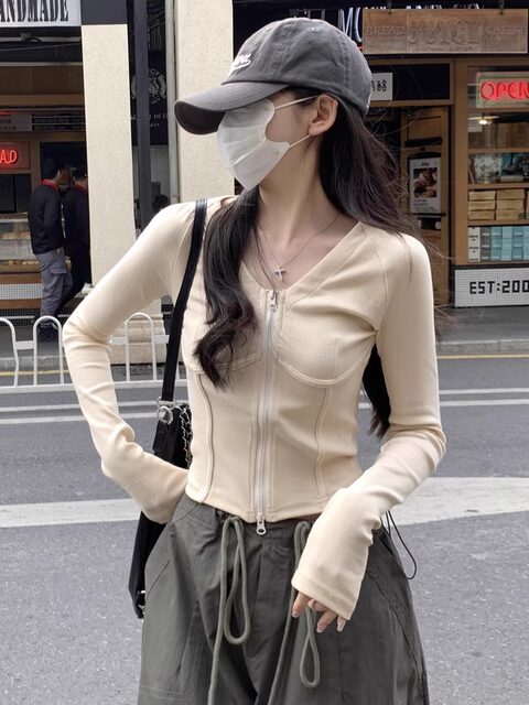 Slim-Fit Raglan Long-Sleeve V-Neck Double-Zip Cardigan for Women, New Autumn Korean Style Spicy Girl Fishbone Waist-Cinching Short Top