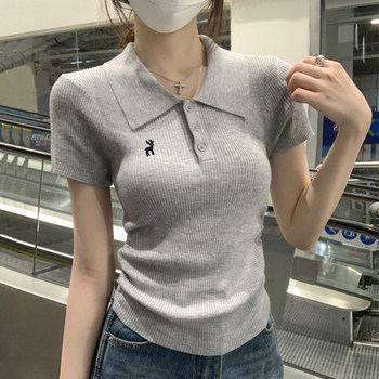 Elegant Polo Collar Embroidered Short-Sleeved Knit Top for Women, 2025 Summer New Style, Pleated Waist Slimming Top