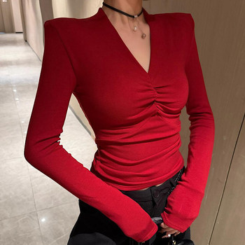 New Year Red V-Neck Pleated Design Long-Sleeve T-Shirt for Women, Winter New Fashion Versatile Slim Fit Fleece-Lined Base Layer Top