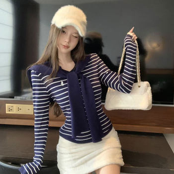 High-End Striped Long-Sleeved Knitted Sweater for Women, New Autumn Korean Style, Versatile Round-Neck Slim-Fit Sweater
