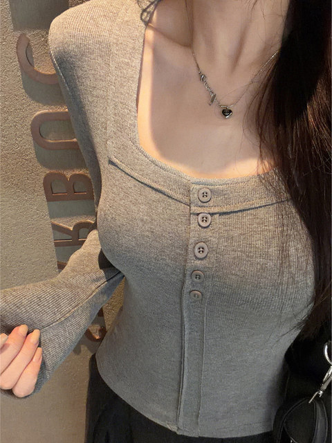 Pure Desire Style, High-End Feel, Warm Brushed Thin Velvet Square-Neck Long-Sleeve T-Shirt for Women, New Autumn and Winter Slim-Fit Base Shirt Top