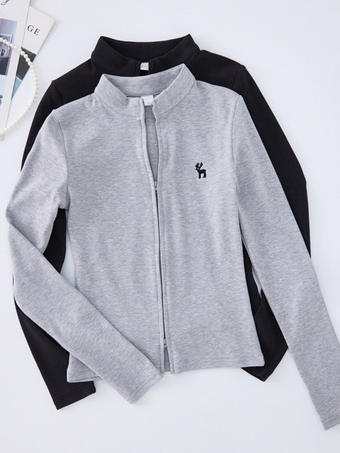 Korean-Style Slim-Fit Black Stand-Up Collar Long-Sleeve Double-Zip Cardigan for Women, Early Spring New Model with Deer Embroidery Design, Casual Jacket