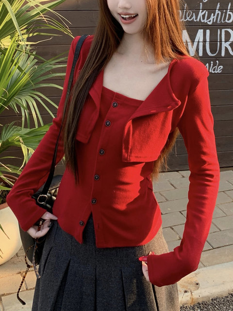 Chic Single-Breasted Faux Two-Piece Long-Sleeve T-Shirt for Women, 2026 Spring New Slim-Fit Pure Desire Style Design Cardigan