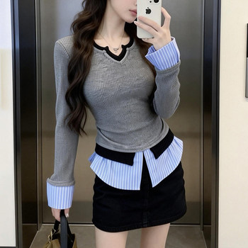 Sweet and Spicy Girl Style V-Neck Shirt with Sleeve Splicing, Faux Two-Piece Base Layer, New Spring Slim-Fit Irregular Long-Sleeve T-Shirt for Women