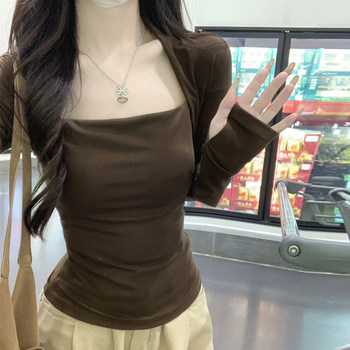 Pure Desire Style Square Neck Ruched Fingerless Coffee-Colored Long-Sleeve T-Shirt for Women, New Autumn and Winter Slim-Fit Hot Girl Fingerless Base Shirt for Women