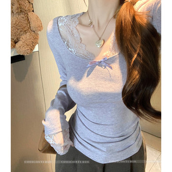Pure Desire Lace Patchwork U-Neck Long-Sleeve Base Shirt for Women, New Winter Style, Gentle Purple Slim-Fit Inner Wear T-Shirt Top