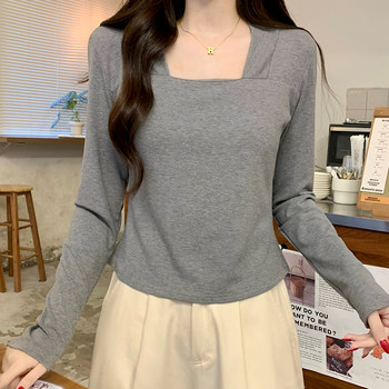High-End Gray Square-Neck, Collarbone-Exposing, Padded-Shoulder, Long-Sleeve T-Shirt for Women, New Spring Style, Suitable for Daily Commuting, Slim-Fit Base Layer