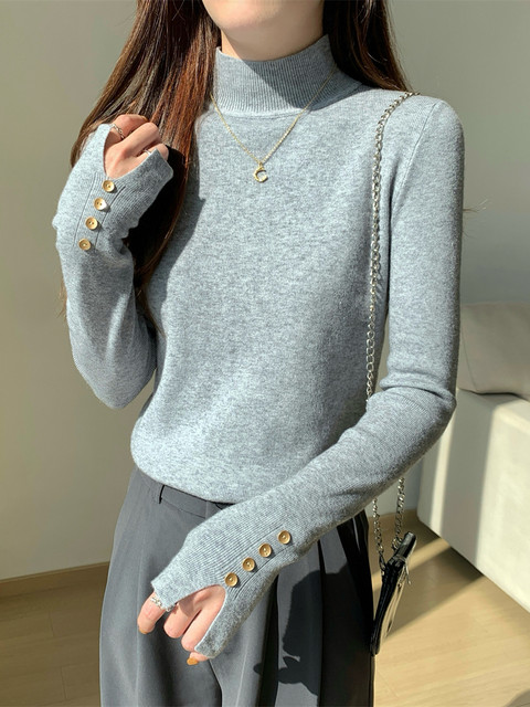 Slim-Fit Elegant Button Cuff Slit Design Knit Sweater for Women, New Autumn Half-Turtleneck Andy Velvet Base Sweater