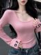 Contrast Color Letter Print Long-Sleeved Velvet Bottoming Shirt for Women, New Winter Style Sexy Pure Lust Style U-Neck Slim Fit Inner T-Shirt