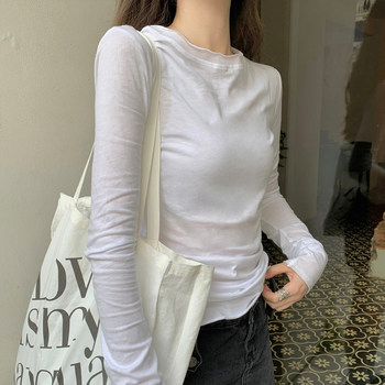 Chic Semi-Sheer Rolled Edge Round Neck White Sun Protection T-Shirt for Women, Long-Sleeved Spring New Korean Style Slim Fit Outerwear, Thin Version