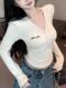 Embroidered Letter V-Neck Padded Shoulder Long-Sleeve T-Shirt for Women, Slim Fit, New Spring Style, Sexy Tight-Fitting Short Base Shirt