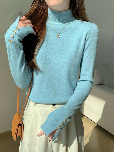 Slim-Fit Elegant Button Cuff Slit Design Knit Sweater for Women, New Autumn Half-Turtleneck Andy Velvet Base Sweater