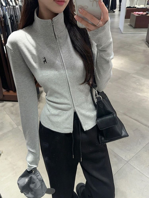 Sports Style Hot Girl Embroidered Double Zipper Stand Collar Jacket Women's Short Autumn and Winter New Slim Fit Mid-Collar Long-Sleeved Cardigan for Women