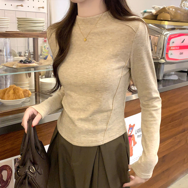 Trendy Half-High Collar Brushed Fleece Women's Long-Sleeve T-Shirt, New Winter Korean Style Slim-Fit Patchwork Mid-Neck Base Shirt for Women