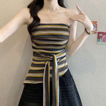 American-Style Hot Girl Retro Striped Tie-Up Tube Top for Women, New Summer Design with Irregular Hem, Waist-Cinching Sleeveless Top