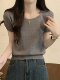 Basic High-End Gray Square-Neck Short-Sleeved Knit Top for Women, New Summer Korean Style Loose Casual Sweater for Petite Women