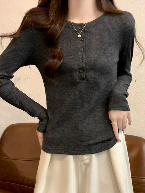 Hong Kong Style Semi-Open Collar Bamboo Cotton High-End Gray Long-Sleeve Women's T-Shirt, New Spring Korean Version Slim-Fit Base Shirt for Women