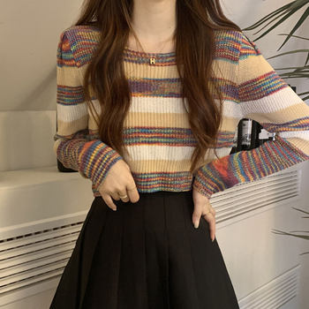 Petite Rainbow Striped Knit Sweater for Women, New Autumn Vintage Style, Round Neck, High Waist, Short Length, Long Sleeve Sweater