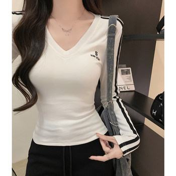 Korean Style Spicy Girl V-Neck Letter Embroidery Color-Blocking Striped Long-Sleeve T-Shirt for Women, New Spring Casual Slim-Fit Base Shirt