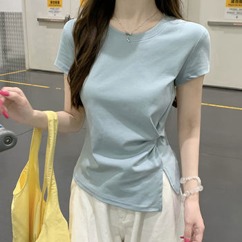 Round Neck Knot Slit Design Cinched Waist Short-Sleeved T-Shirt for Women, New Summer Style with Irregular Hem, Slim Fit Top
