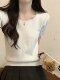 Basic High-End Gray Square-Neck Short-Sleeved Knit Top for Women, New Summer Korean Style Loose Casual Sweater for Petite Women