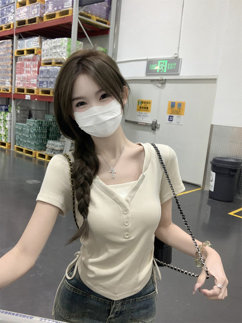 Irregular V-Neck Color-Block Drawstring Waist Short-Sleeve T-Shirt for Women, Faux Two-Piece, New Summer Korean Style Slim-Fit Short Top