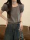Basic High-End Gray Square-Neck Short-Sleeved Knit Top for Women, New Summer Korean Style Loose Casual Sweater for Petite Women