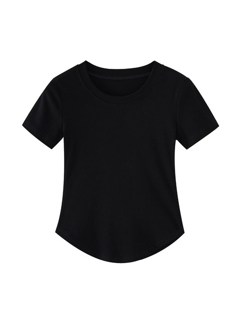 Hot Girl A4 Waist Short-Sleeved T-Shirt for Women, Black Short Style, New Summer Korean Version, Slim Fit, Irregular Curved Hem Top