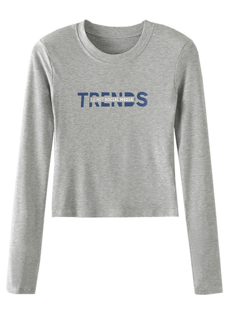 White Letter Print Regular Shoulder Base Shirt for Women, New Autumn Korean Style Slim Fit Shoulder Pad High-Waisted Short Top for Winter