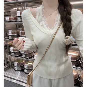 Gentle Style Apricot Lace Halter V-Neck Fake Two-Piece Knit Sweater for Women, New Korean-Style Slim-Fit Long-Sleeve Sweater for Spring and Autumn