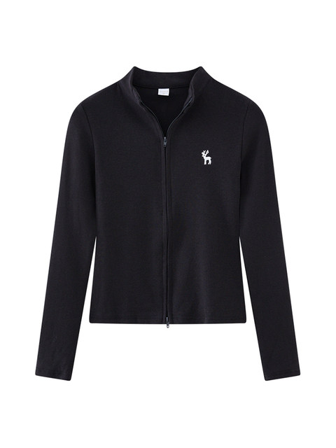 Korean-Style Slim-Fit Black Stand-Up Collar Long-Sleeve Double-Zip Cardigan for Women, Early Spring New Model with Deer Embroidery Design, Casual Jacket