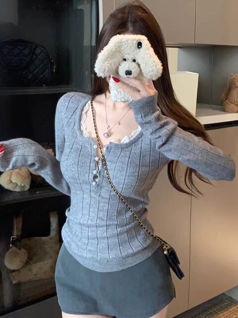 Korean-Style Fake Two-Piece Hollow-Out Knit Sweater for Women, Slim Fit, New Design for Spring and Autumn, Lace Splicing, Square Neck, Long-Sleeve Sweater