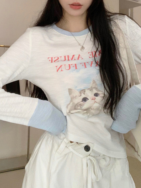Cat Print Color-Block Round Neck Long-Sleeve T-Shirt for Women, 2026 Spring New Korean Style, Age-Reducing, Slim-Fit, Slimming Base Shirt